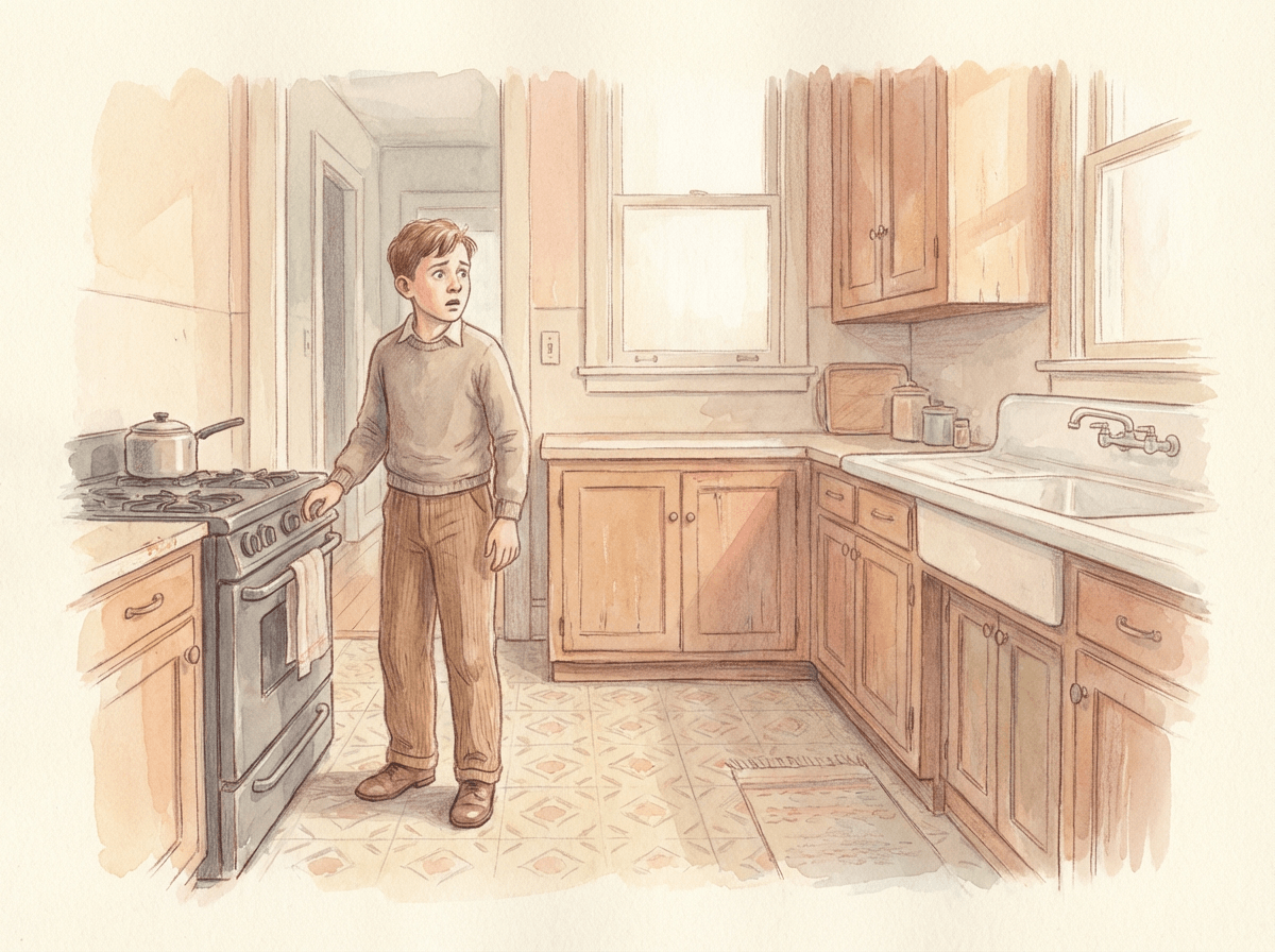 Un adolescent inquiet dans une cuisine des années 30