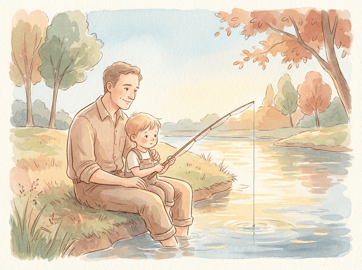 Un père et son jeune garçon pêchant au bord d'une rivière