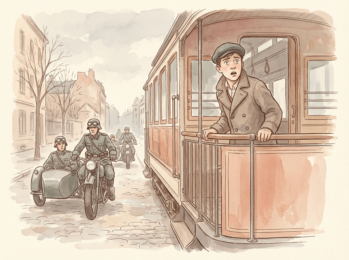 Un jeune homme sur un tramway regardant des motos militaires passer